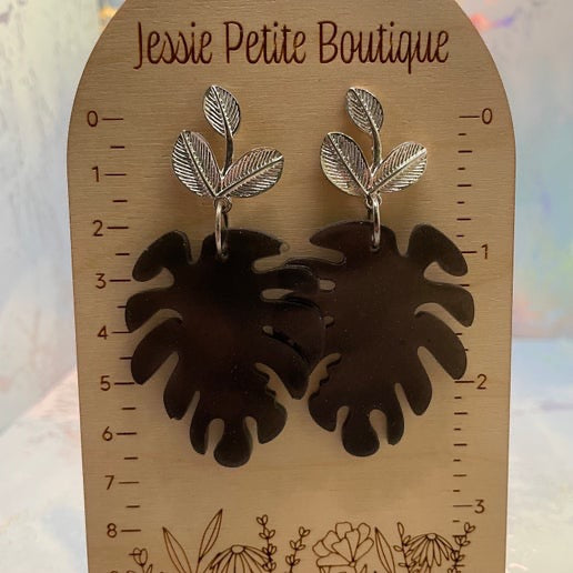 Black Monstera Leaf Earrings – Resin & Silver Accents (Nickel-Free)