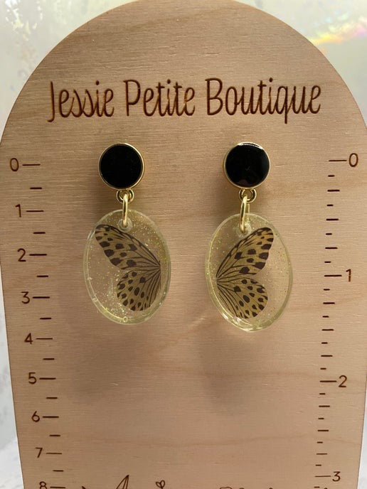 Papillon jaune scintillant + bouton d'oreille noir - Sans nickel