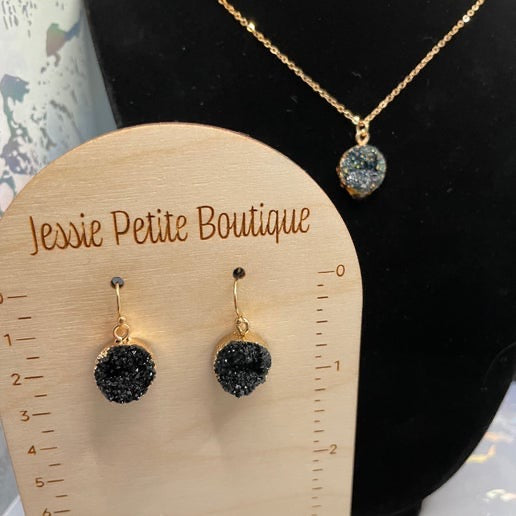 Black Druzy Necklace & Earring Set – Gold Finish