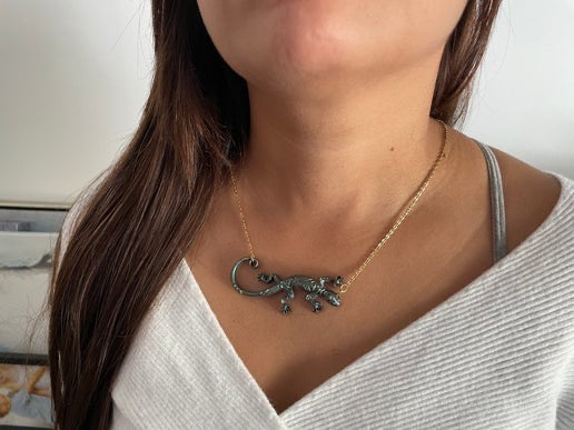 Black + Red Gecko Necklace - 19"gold chain NICKEL FREE+STAINLESS STEEL