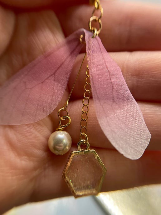 Pink Butterfly Wing & Pearl Earrings