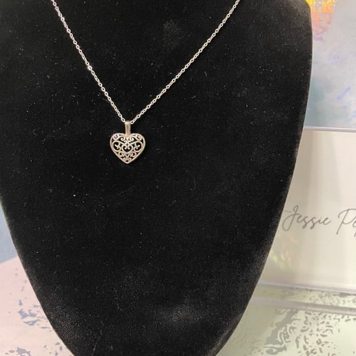 Silver Filigree Heart Necklace -20'' Stainless Steel Chain