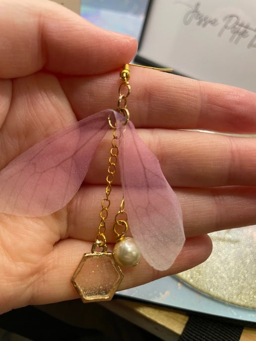 Pink Butterfly Wing & Pearl Earrings