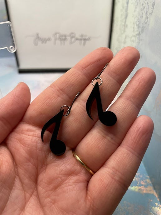 Black Eighth Musical Note Earrings - Stainless Steel
