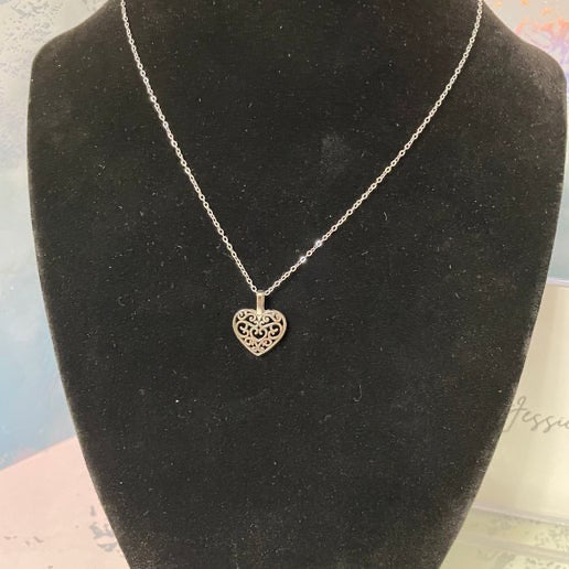 Silver Filigree Heart Necklace -20'' Stainless Steel Chain