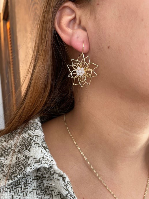 Boucles d'oreilles fleur dorée avec perles-Sans Nickel