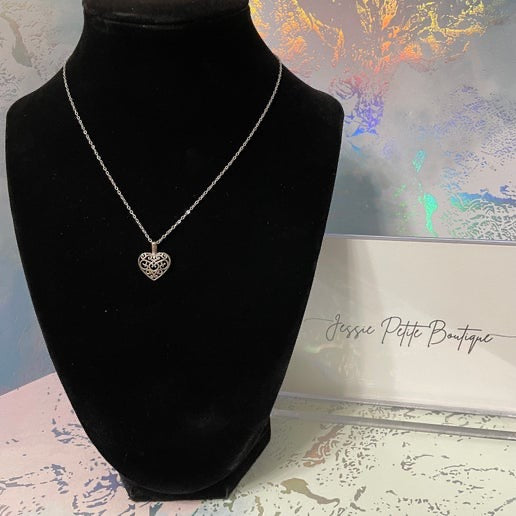 Silver Filigree Heart Necklace -20'' Stainless Steel Chain