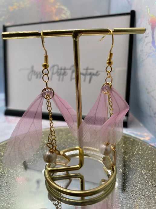 Pink Butterfly Wing & Pearl Earrings