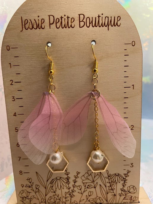 Pink Butterfly Wing & Pearl Earrings