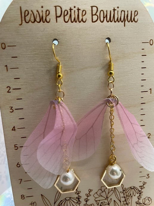 Pink Butterfly Wing & Pearl Earrings