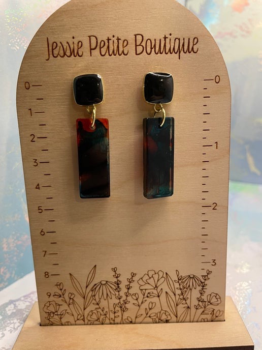 Rectangular Resin Statement Earrings β Teal, Orange & Black (Nickel Free)
