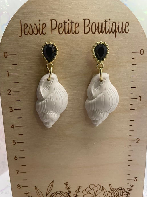 White Shell Drop Earrings with Black and Gold Studs- NICKEL FREE