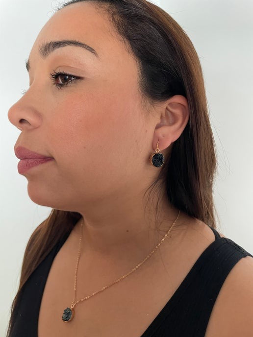 Black Druzy Necklace & Earring Set – Gold Finish