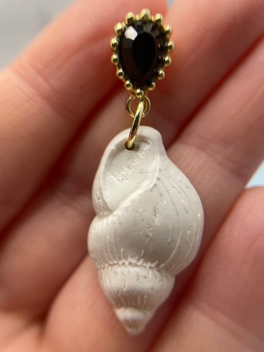 White Shell Drop Earrings with Black and Gold Studs- NICKEL FREE