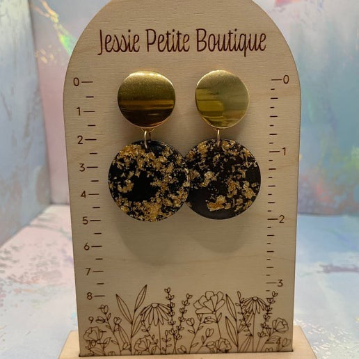 Gold Flakes on Black Resin Circle Dangle Earrings - NICKEL FREE