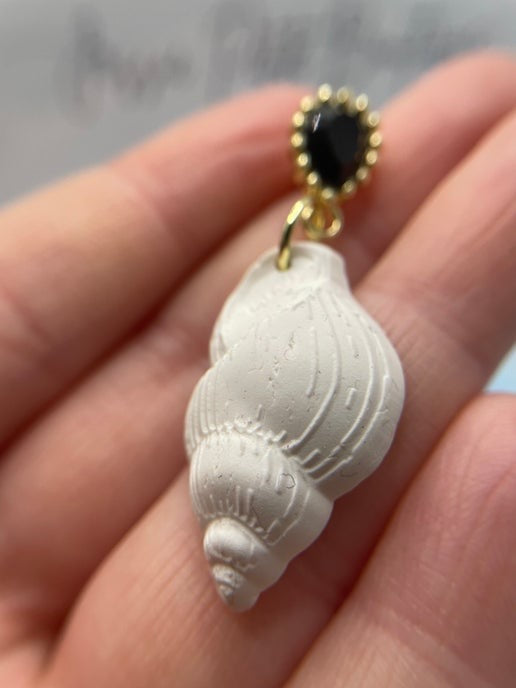 White Shell Drop Earrings with Black and Gold Studs- NICKEL FREE