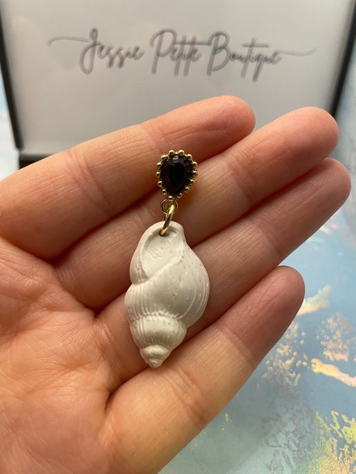 White Shell Drop Earrings with Black and Gold Studs- NICKEL FREE