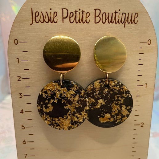 Gold Flakes on Black Resin Circle Dangle Earrings - NICKEL FREE