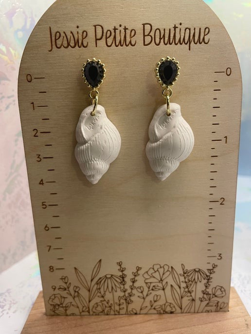 White Shell Drop Earrings with Black and Gold Studs- NICKEL FREE