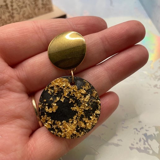 Gold Flakes on Black Resin Circle Dangle Earrings - NICKEL FREE