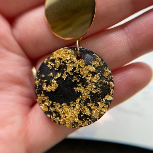 Gold Flakes on Black Resin Circle Dangle Earrings - NICKEL FREE
