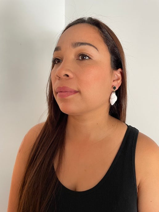 White Shell Drop Earrings with Black and Gold Studs- NICKEL FREE