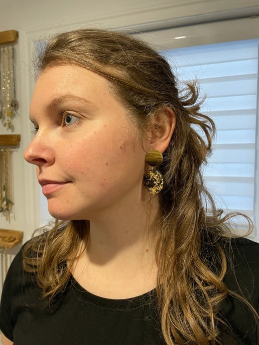 Gold Flakes on Black Resin Circle Dangle Earrings - NICKEL FREE