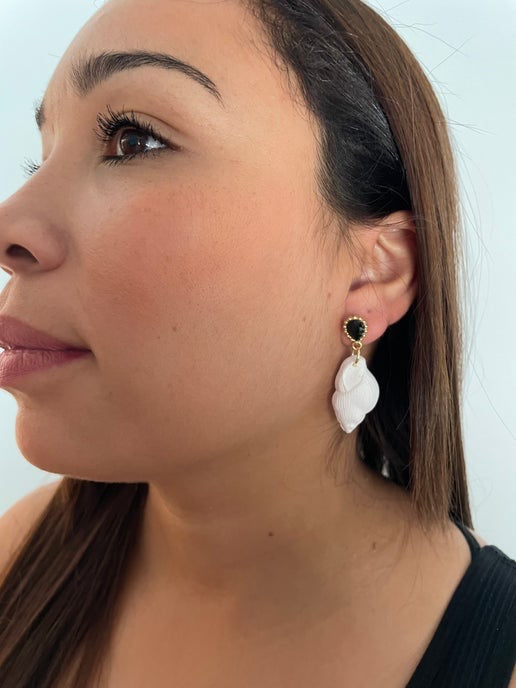 White Shell Drop Earrings with Black and Gold Studs- NICKEL FREE