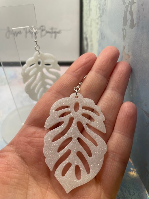 Sparkly White Long Leaf Earrings-Nickel Free