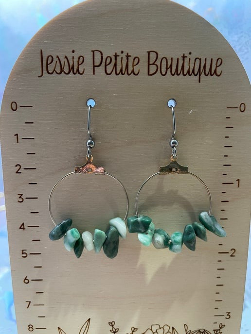 Green Gemstones Chip Beads On A Silver Hoop Earrings