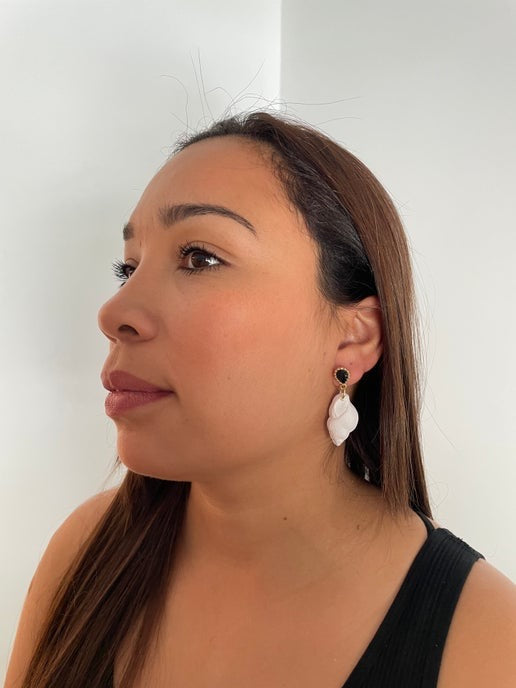 White Shell Drop Earrings with Black and Gold Studs- NICKEL FREE