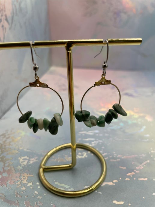 Green Gemstones Chip Beads On A Silver Hoop Earrings