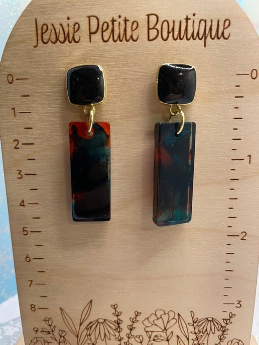 Rectangular Resin Statement Earrings β Teal, Orange & Black (Nickel Free)