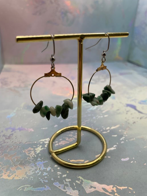 Green Gemstones Chip Beads On A Silver Hoop Earrings