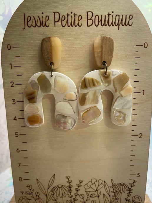 Natural Shell & Wood Arch Earrings (Stainless steel)