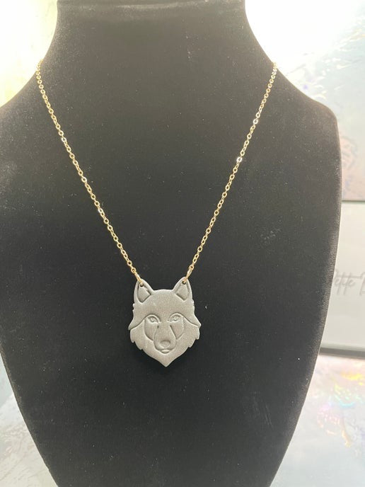 Grey Polymer Clay Wolf Pendant 22'' (Nickel Free)