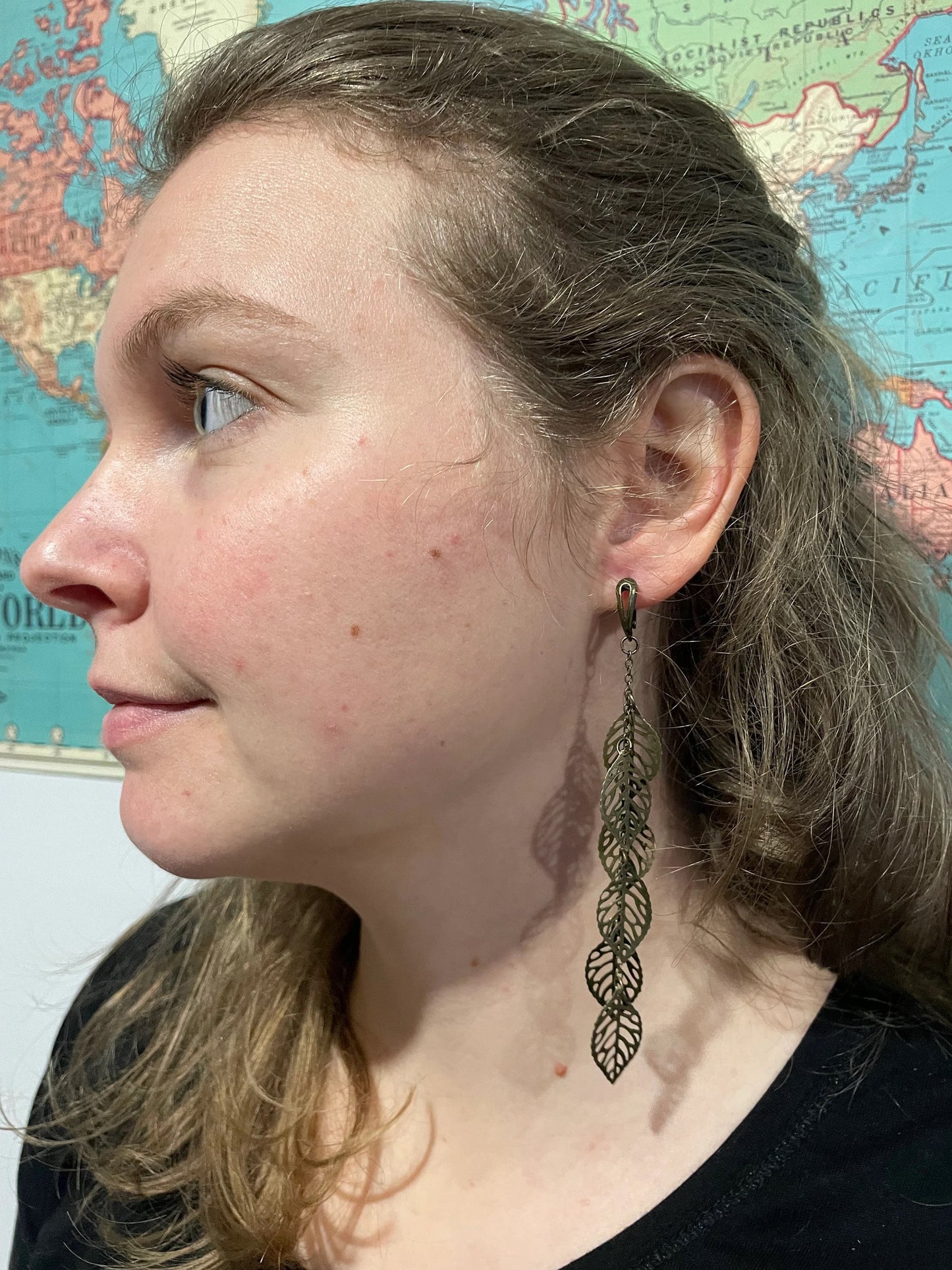 Bronze Metal Leaf 12 cm Dangle Earrings