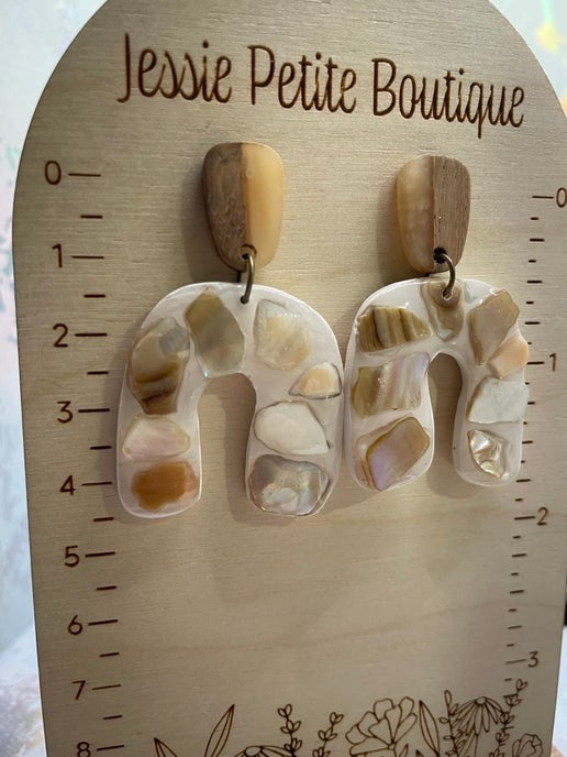 Natural Shell & Wood Arch Earrings (Stainless steel)