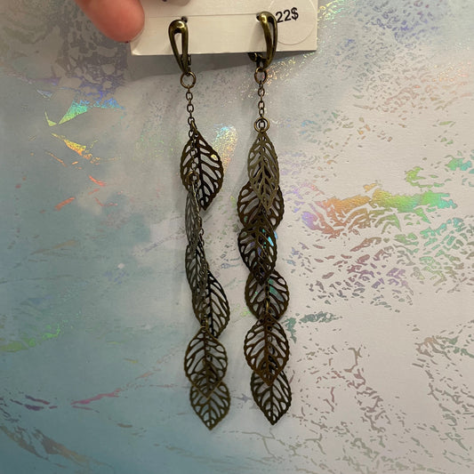 Bronze Metal Leaf 12 cm Dangle Earrings