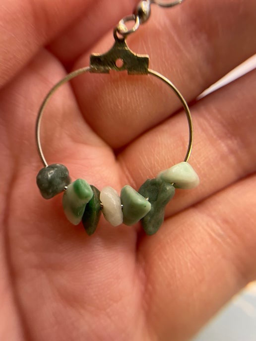 Green Gemstones Chip Beads On A Silver Hoop Earrings