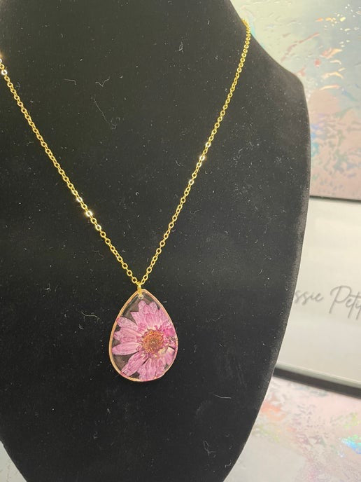 Purple Real Flower Teardrop Necklace β Gold Chain (Nickel-Free)