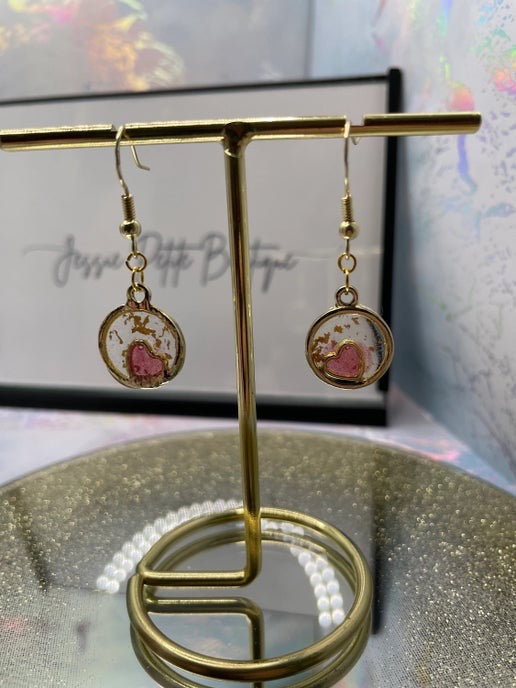 Pink Heart in Gold Circle Earrings – Lightweight & Elegant