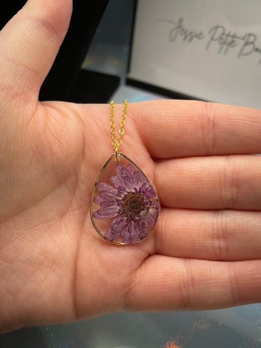 Purple Real Flower Teardrop Necklace β Gold Chain (Nickel-Free)
