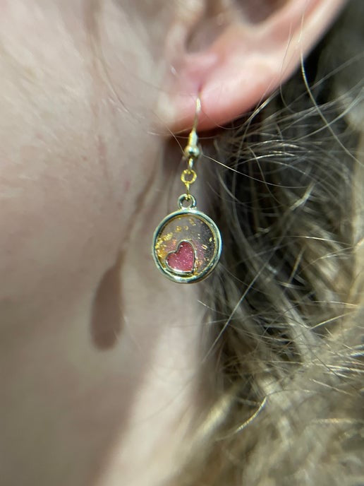 Pink Heart in Gold Circle Earrings – Lightweight & Elegant