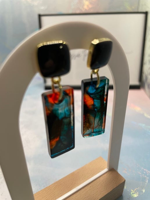 Rectangular Resin Statement Earrings – Teal, Orange & Black (Nickel Free)