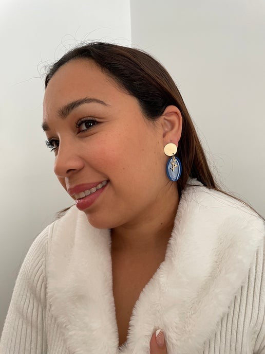Blue & Gold Oval Leaf Earrings – Nickel Free
