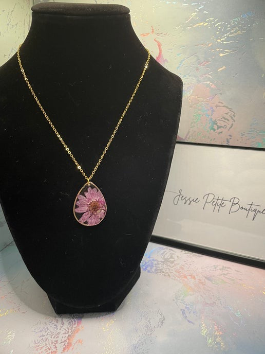 Purple Real Flower Teardrop Necklace – Gold Chain (Nickel-Free)