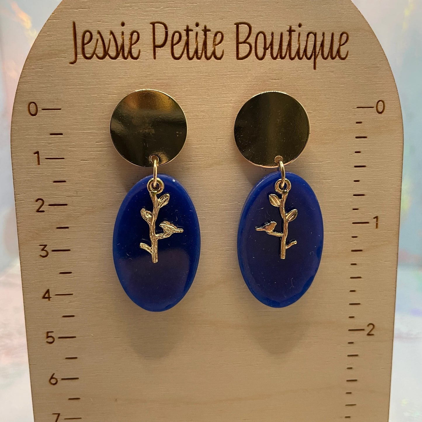 Blue & Gold Oval Leaf Earrings – Nickel Free