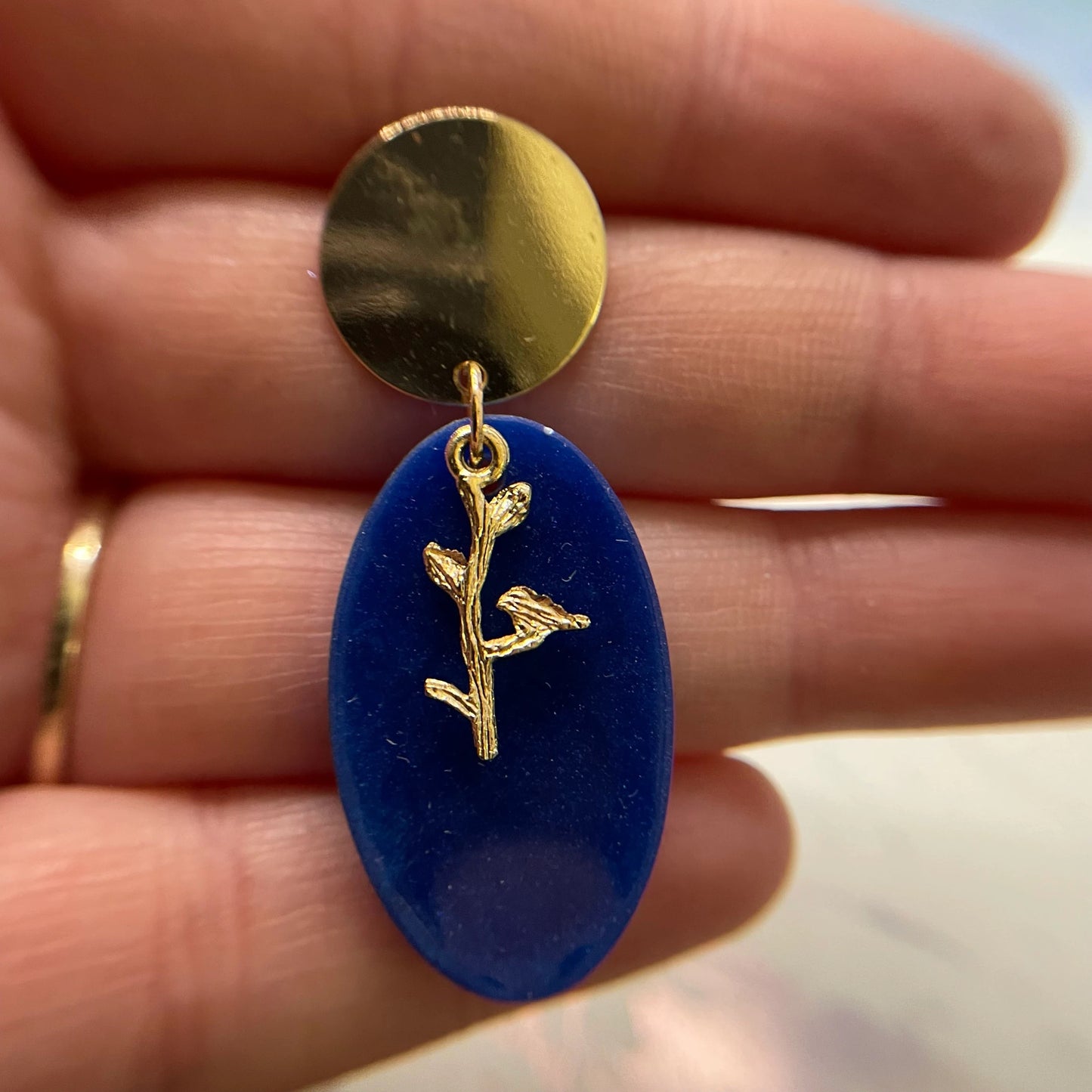 Blue & Gold Oval Leaf Earrings – Nickel Free