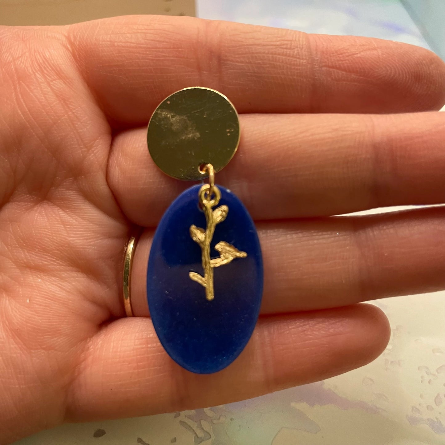Blue & Gold Oval Leaf Earrings – Nickel Free